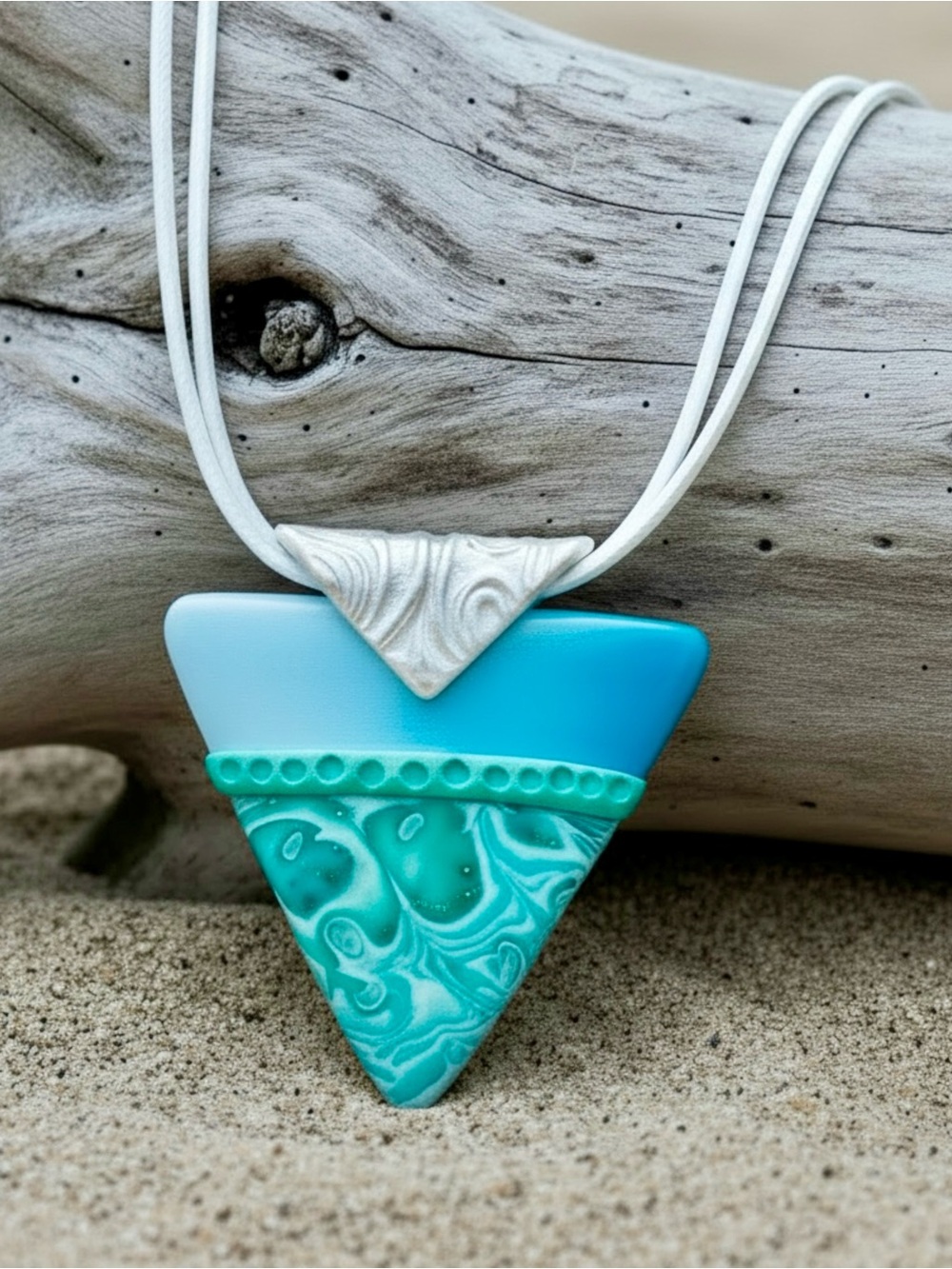 White Blue & Green Large Handmade Polymer Clay Pendant Necklace 18" on Cord